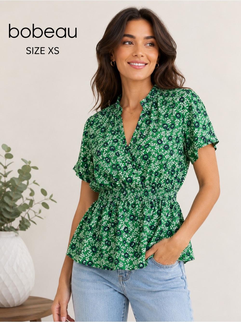 Bobeau Green Floral feminine boho Peplum Blouse XS Short Sleeve Ruffle Neck Top
